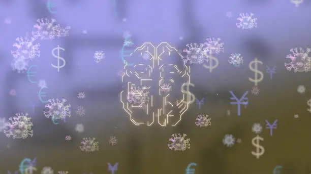 Photo of Digital 3d render of a hud-style human brain with dollar, euro and yen icon floating in infected virus environment.