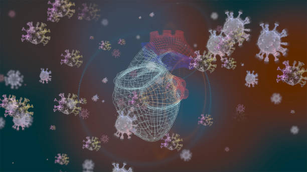 istock Graphics defocused background with abstract 3d render heart model among pandemic virus cells flying around. 1215407115