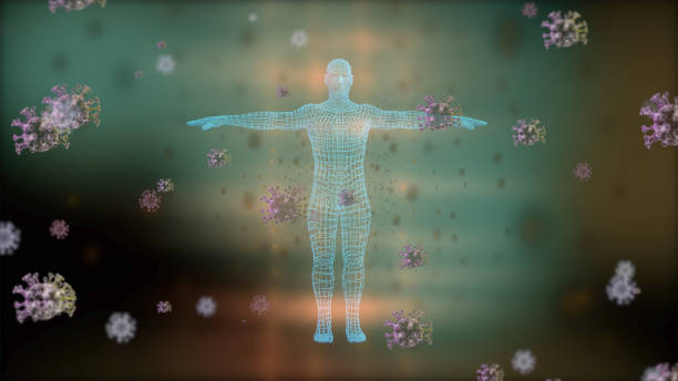 istock Activation of human immunity. 3d render of viruses attacking the human body which is protected by strong immune system. 1215407127