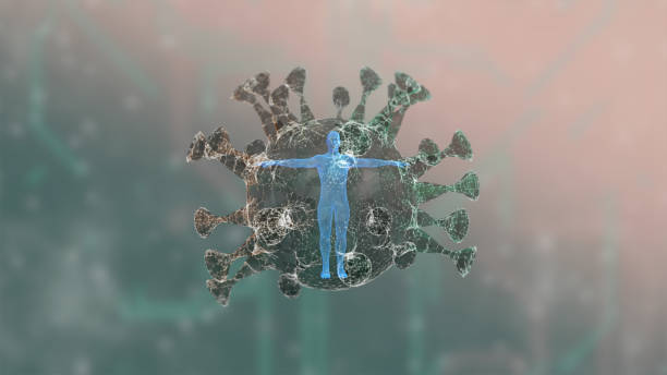 istock 3D render of human body rotating inside a virus cell over abstract defocused background. 1215407295