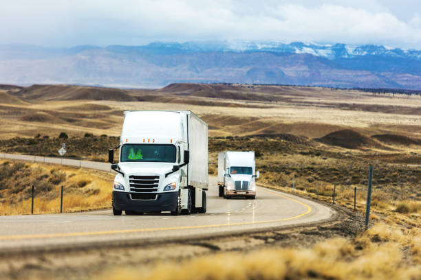 Transporte de carga semicamión de larga distancia en una carretera interestatal rural del oeste de EE. UU. que se entrega durante la pandemia - foto de stock