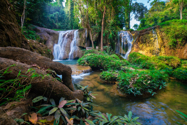 istock Beautiful waterfall with emerald pool water slope in tropical  rainforest Thansawan waterfall Phayao 1215410169