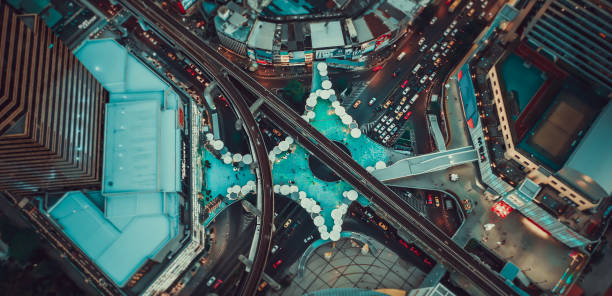 mbk skywalk view from above in bangkok thailand - mbk imagens e fotografias de stock