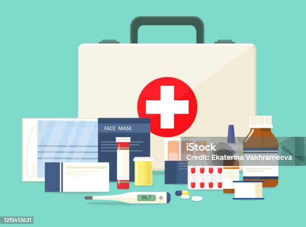 First Aid Kit Face Mask And Various Medications Vector Illustration In  Cartoon Style Stock Illustration - Download Image Now - iStock