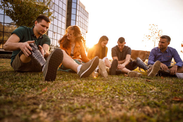 istock Low angle view of group of people with prosthetic legs 1215414128