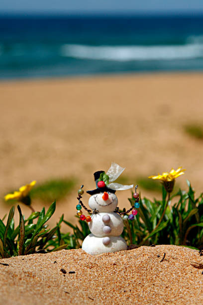 Little White decorative snowman sitting on the sand at the beach. Ocean and sky background and yellow flowers.