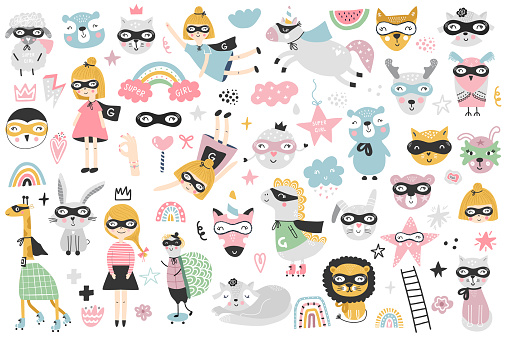 A large set of kids superheroes characters, animals and elements. Vector illustration clip art.
