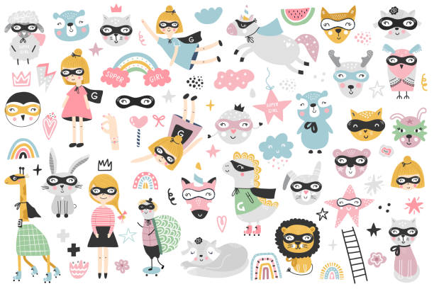 A large set of kids superheroes characters, animals and elements. Vector illustration clip art. A large set of kids superheroes characters, animals and elements. Vector illustration clip art. superhero patterns stock illustrations