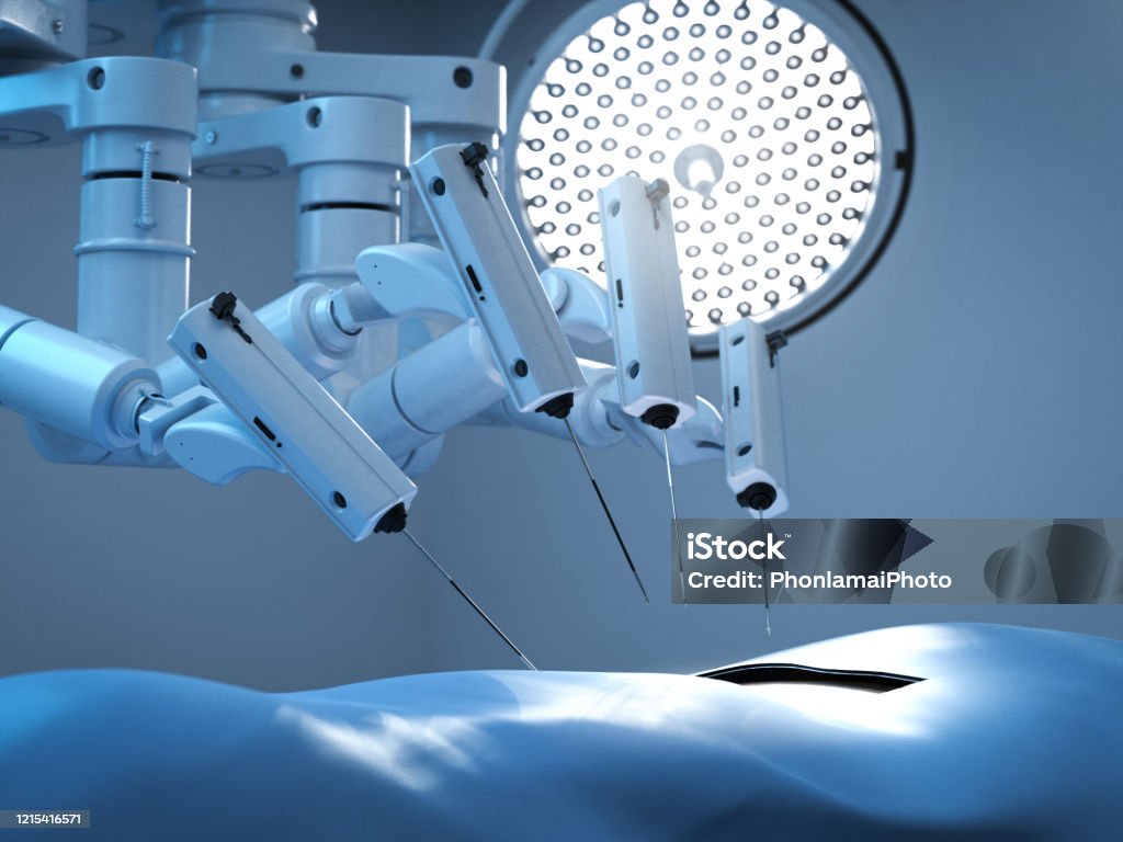 OpE-Roboter im Operationssaal - Lizenzfrei robotergestützte Chirurgie Stock-Foto