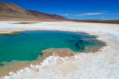 Beautiful turquoise lagoons in the nearby salt flats Tolar Grande, Salta, Argentina.