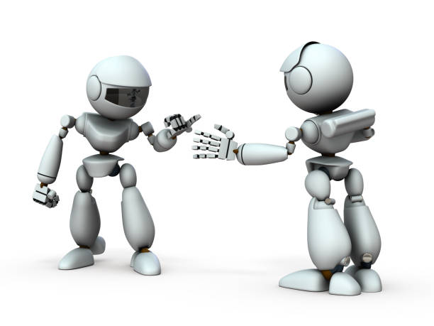 istock Two artificial intelligence robots are talking. One is aggressive and the other is soothing. 3D illustration. White background. 1215416873