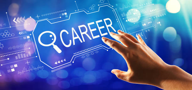 istock Searching career theme  with hand pressing a button 1215417046