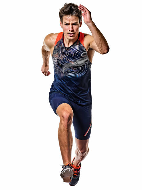 young man athletics runner running sprinter sprinting isolated white background - sportsman looking at camera full length sport imagens e fotografias de stock