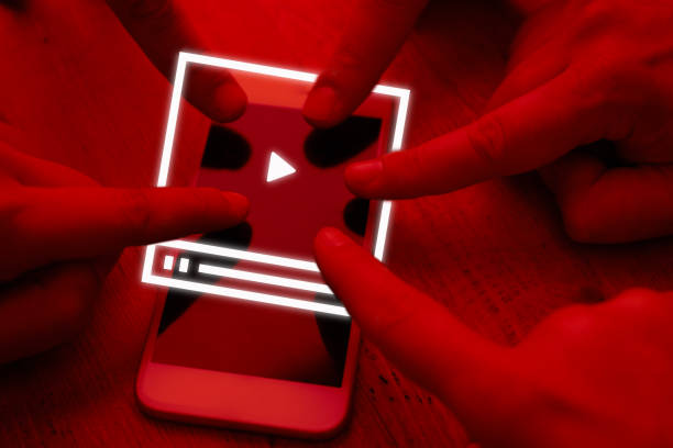 Video Marketing Concept.Hand pressing transparent white button