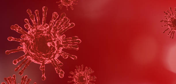 istock Coronavirus Covid-19 cell virus under microscope over red background with banner copy space, pandemic risk coronavirus covid-19 outbreak, 3D render. Illustration 1215423146
