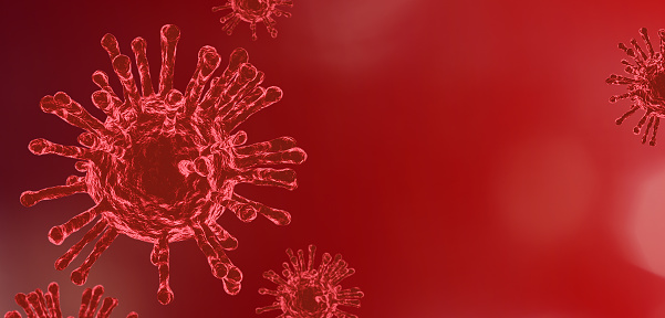 Coronavirus Covid-19 cell virus under microscope over red background with banner copy space, pandemic risk coronavirus covid-19 outbreak, 3D render. Illustration