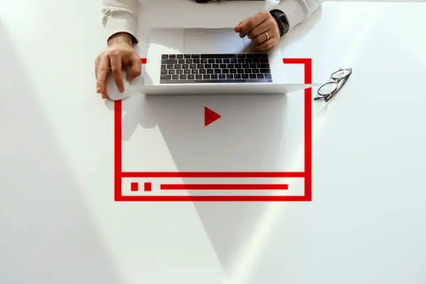 Photo of Video Marketing Concept.Hand pressing transparent white button
