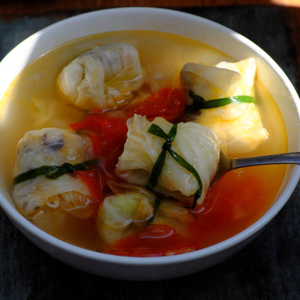 sopa de legumes veganos de repolho que recheado em tigela - indochina soup flag national flag - fotografias e filmes do acervo