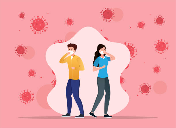 ilustrații de stoc cu bărbat și femeie care poartă măști de protecție în conceptul virusului - covid 19