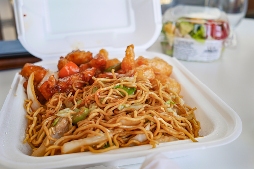 Chinese food yakisoba and Subuta in a lunch box.