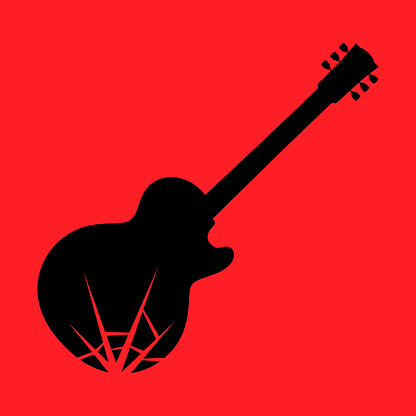 Smashing broken electric guitar symbol on red backdrop. Design element