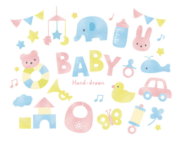 baby spielzeug aquarell - baby stock-grafiken, -clipart, -cartoons und -symbole