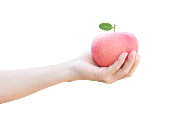 istock hand holding a red apple isolated on white background with clipping path. 1215430332