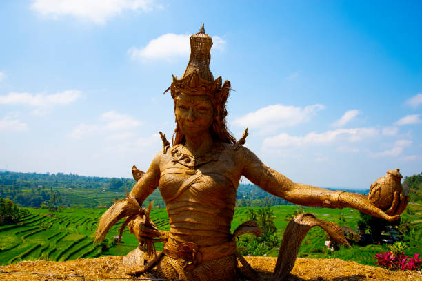 Jatiluwih, Indonesia - August 29, 2019: The statue of Dewi Sri made of 500 bamboos sticks in the Jatiluwih rice terraces The statue of Dewi Sri made of 500 bamboos sticks in the Jatiluwih rice terraces jatiluwih rice terraces stock pictures, royalty-free photos & images