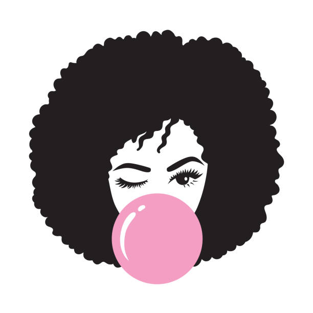 stockillustraties, clipart, cartoons en iconen met zwarte afro vrouw die kauwgom blaast - afro