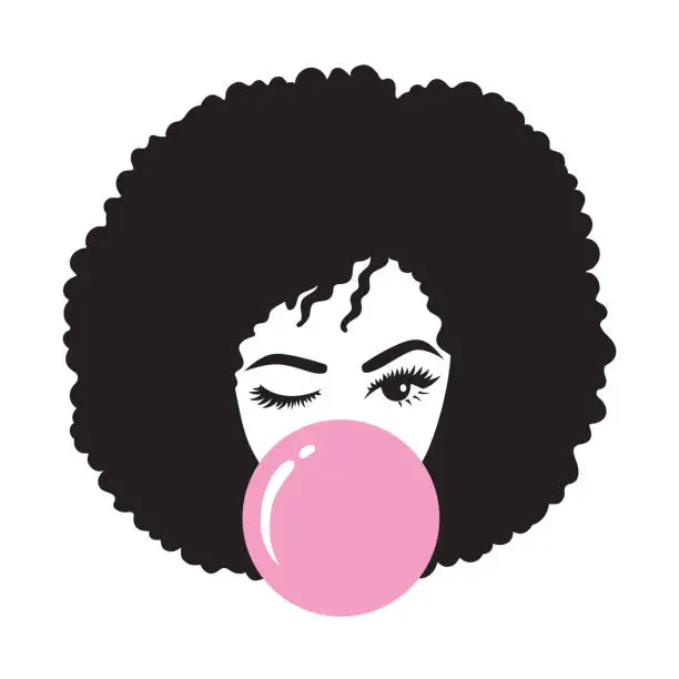 Vector illustration of Black Afro Woman Blowing Bubble Gum