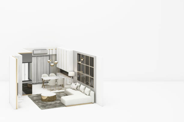 interieur wohnen modernen klassischen stil mock-up mit weißen möbeln auf weißem hintergrund 3d-rendering - model home lifestyles domestic room luxury stock-fotos und bilder