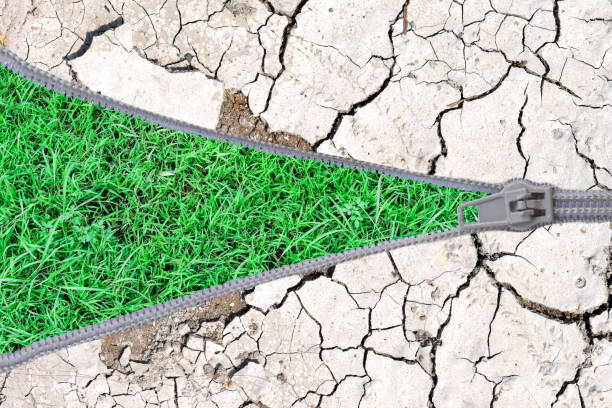 istock Open zipper with dry cracked soil on green grass. Ecology concept. 1215433781