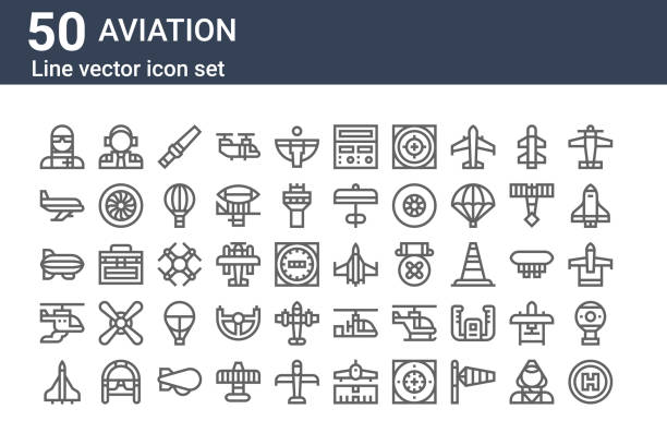 set of 50 aviation icons. outline thin line icons such as heliport, jet, helicopter, zeppelin, aeroplane, pilot, fighter set of 50 aviation icons. outline thin line icons such as heliport, jet, helicopter, zeppelin, aeroplane, pilot, fighter wright brothers stock illustrations