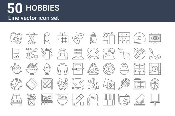 Vector illustration of set of 50 hobbies icons. outline thin line icons such as goal post, car, cd, yarn, portable, scissors, billiard