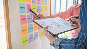 istock Web designer brainstorming for a strategy plan. Colorful sticky notes with things to do on office board. User experience (UX) concept. 1215434413
