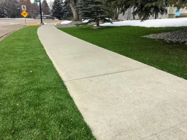 Photo of A beautiful artificial lawn in the front yard and boulevard with a nice big tree.  Photo taken in winter, appearance remains bright and natural looking.