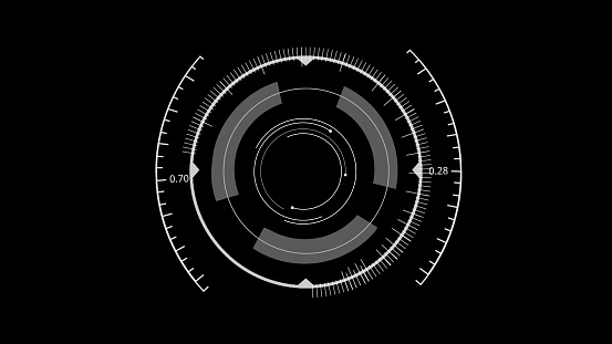 HUD Circle User interface on black background. Target searching and scanning holographic element theme. Digital UI and Sci-fi circular hologram technology. 3D illustration rendering