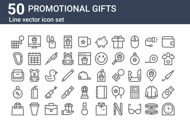 set of 50 promotional gifts icons. outline thin line icons such as clock, shopping bag, compass, bag, carabiner, monitor, tag set of 50 promotional gifts icons. outline thin line icons such as clock, shopping bag, compass, bag, carabiner, monitor, tag laser pen stock illustrations