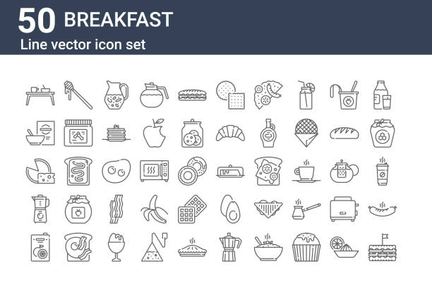 illustrations, cliparts, dessins animés et icônes de ensemble de 50 icônes de petit déjeuner. esquisser des icônes de ligne minces telles que sandwich, jus, mélangeur, fromage, céréales, miel, beurre - biscuit sausage sandwich breakfast