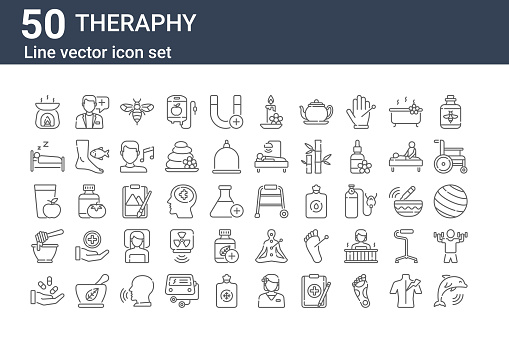 set of 50 theraphy icons. outline thin line icons such as dolphin, medicine, honey, juice, bed, doctor, walker