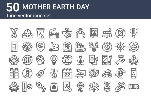 zestaw 50 ikon dnia ziemi matki. zarys cienkich ikon linii, takich jak autobus, ekologia, woda, ekologia, przełącznik, góra lodowa, energia - earth day sun sky stock illustrations