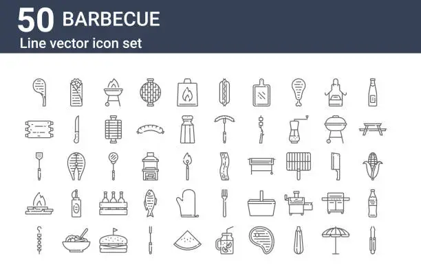 Vector illustration of set of 50 barbecue icons. outline thin line icons such as pincers, skewer, bonfire, spatula, ribs, shawarma, ham