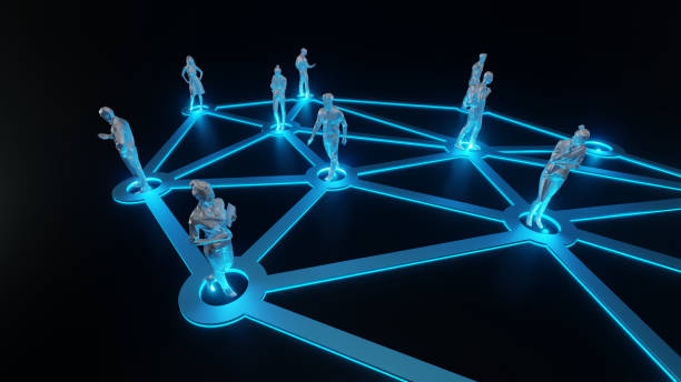 istock 3D illustration, Social network. There are people who are three-dimensional, with blue lines linked together. 1215437945