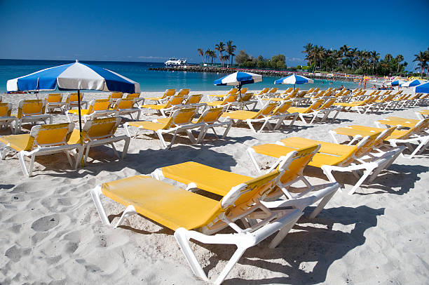 istock Several yellow sun chairs ready for people on beach vacation 121544540