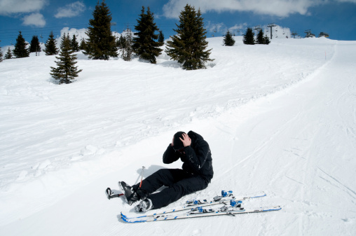 Man on skiing vacation has a head injury on slope