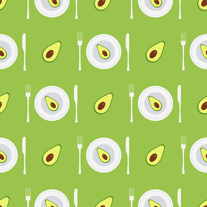 Ilustración de Patrón Vectorial Sin Costuras Con Aguacates De Dibujos Animados Sobre Un Fondo Verde Y Aguacate En La Placa Con Tenedor Y Cuchillo Se Puede Utilizar Como Fondo De Pantalla Diseño Ilustración de Patrón Vectorial Sin Costuras Con Aguacates De Dibujos Animados Sobre Un Fondo Verde Y Aguacate En La Placa Con Tenedor Y Cuchillo Se Puede Utilizar Como Fondo De Pantalla Diseño