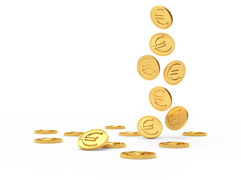 Falling gold coins with a Euro sign isolated on a white background with space for text. 3D illustration