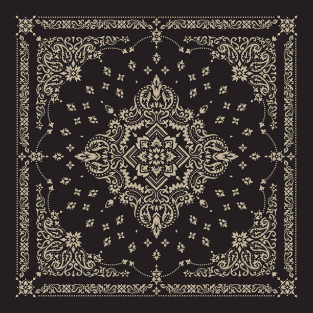 ilustrações, clipart, desenhos animados e ícones de ornamento vetorial bandana print. padrão étnico ornamental tradicional com paisley e flores. lenço de pescoço de seda ou estilo de design padrão quadrado kerchief, melhor motivo para impressão em tecido ou papper - neckerchief