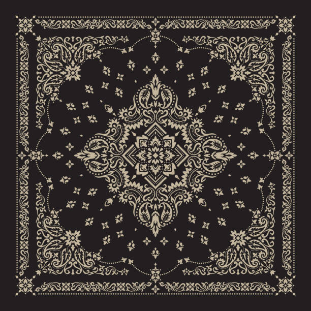 Vector ornament Bandana Print. Traditional ornamental ethnic pattern with paisley and flowers. Silk neck scarf or kerchief square pattern design style, best motive for print on fabric or papper Vector ornament paisley Bandana Print. Silk neck scarf or kerchief square pattern design style, best motive for print on fabric or papper. Bandana stock illustrations