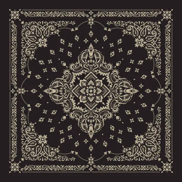 Vector illustration of Vector ornament Bandana Print. Traditional ornamental ethnic pattern with paisley and flowers. Silk neck scarf or kerchief square pattern design style, best motive for print on fabric or papper